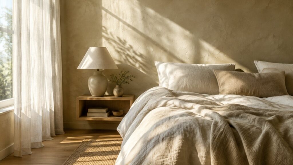 Camera da letto esposta a est con luce radente del mattino su intonaco e lenzuola in lino