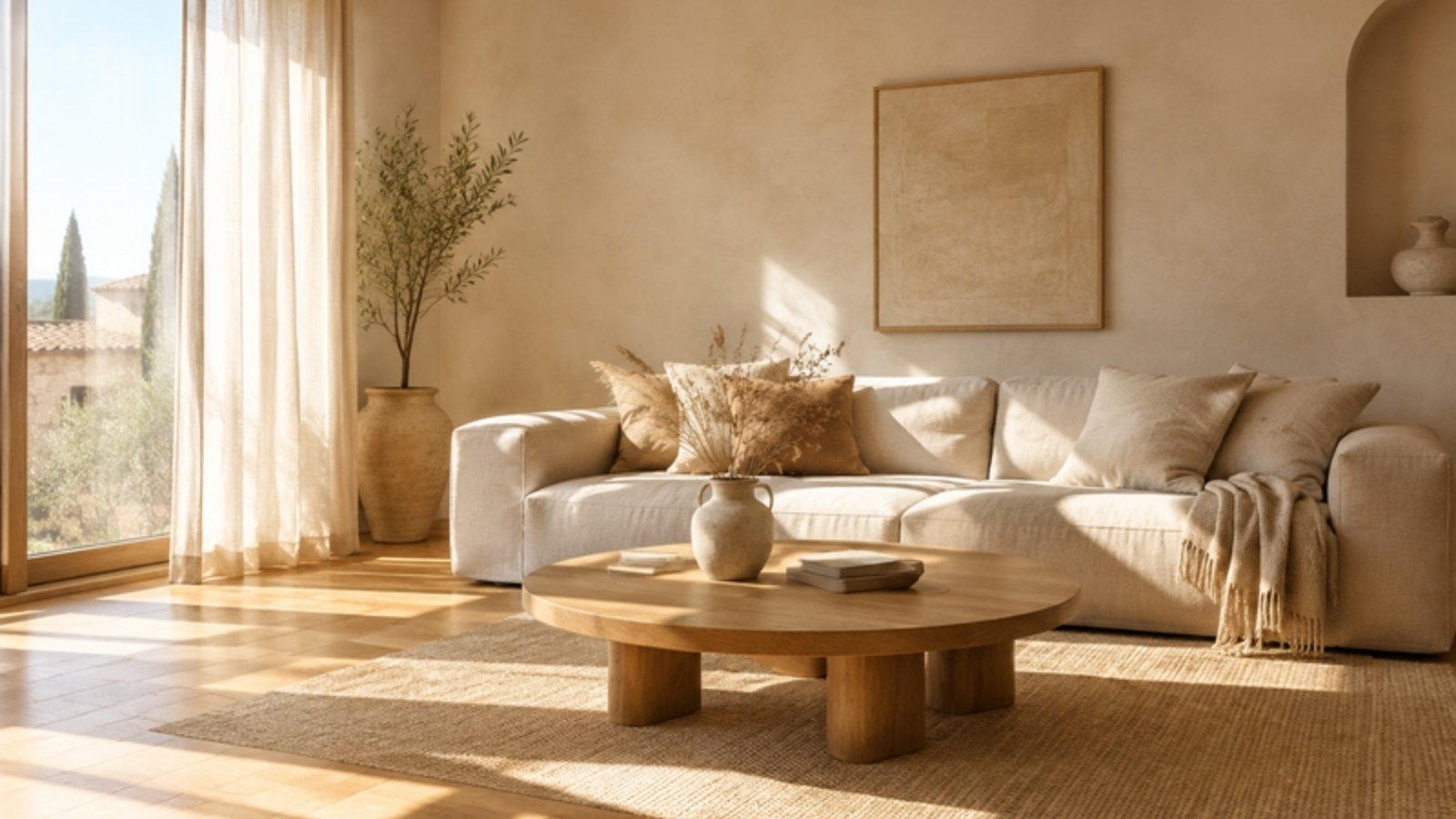 Soggiorno esposto a sud con luce naturale calda e macchie di sole sul parquet in rovere