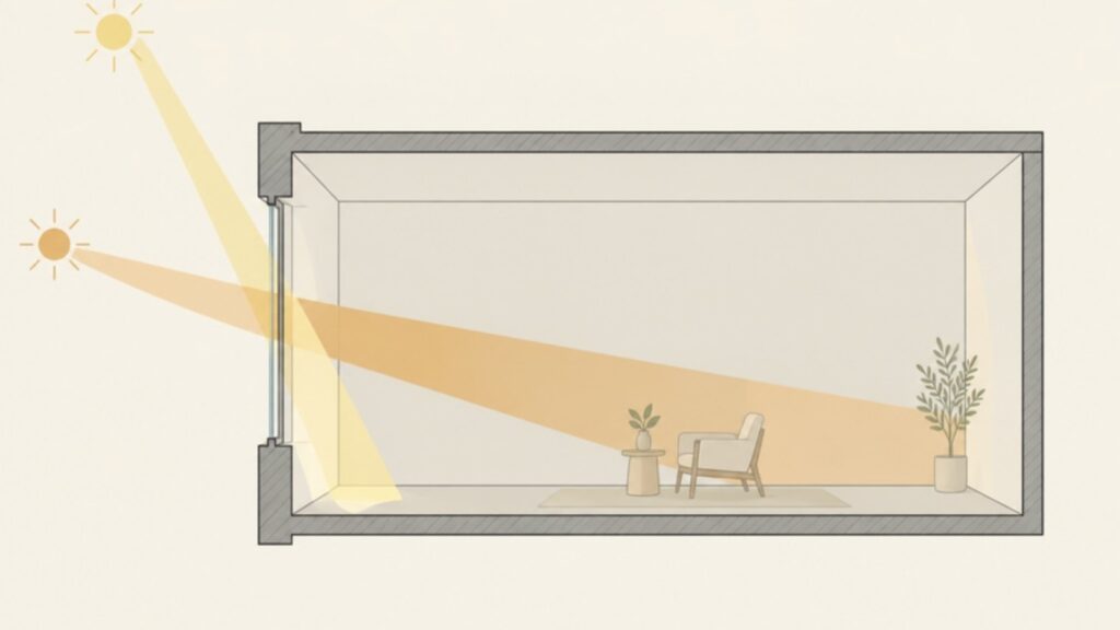 Schema in sezione di una stanza: il sole alto d'estate e il sole basso d'inverno che entra in profondità